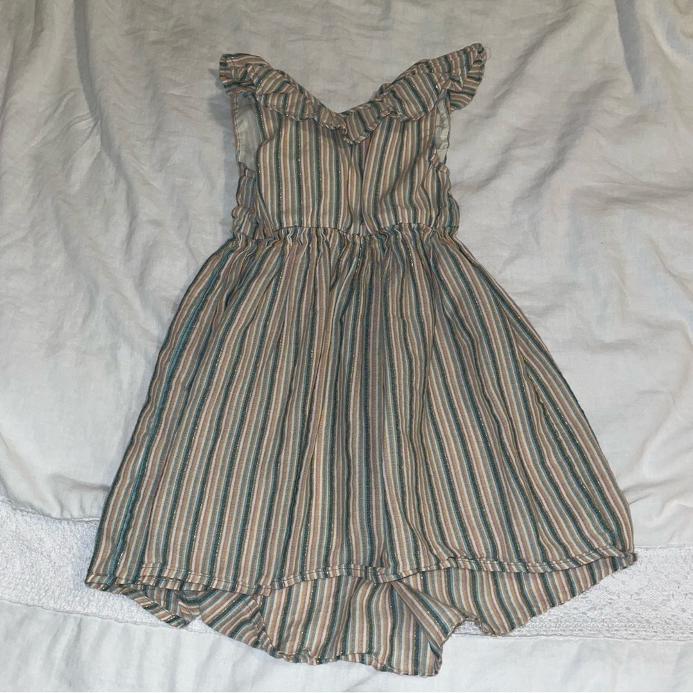 Tea Collection Sz 4 Striped Earth Tone Dress Ruffle v neck cotton